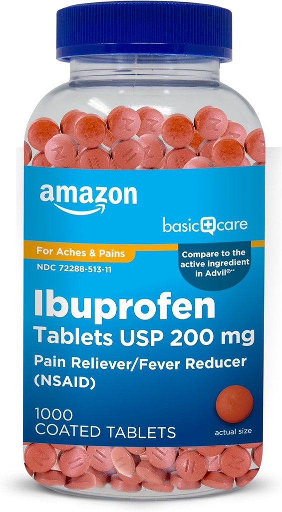 Grundlæggende pleje Ibuprofen tabletter, Feber Reducer og smertelindring fra Body Aches, Hovedpine, Gigt og mere, 1000 Greve (Emballage kan variere)