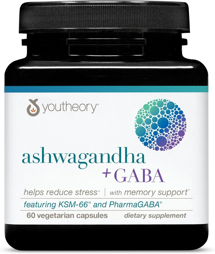 Youtory Ashwagandha + GABA - Uses Organic KSM- 66- 1000 mg Ashwagandha & 100 mg GABA - Cortisol, Energy, Stress & Memory Support Supplement - 60 vegetariske kapsler (30- Day Supply)