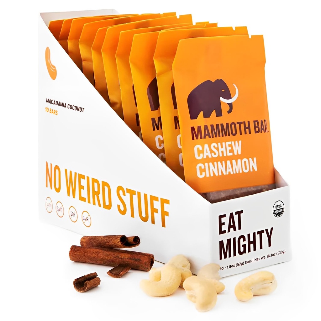 Cashew Cinnamon Bar- Organic, Paleo, Gluten Free and Raw by Mammoth Bar, 10-12g Protein, 1.8 Oz. Bar (10 Bars) …