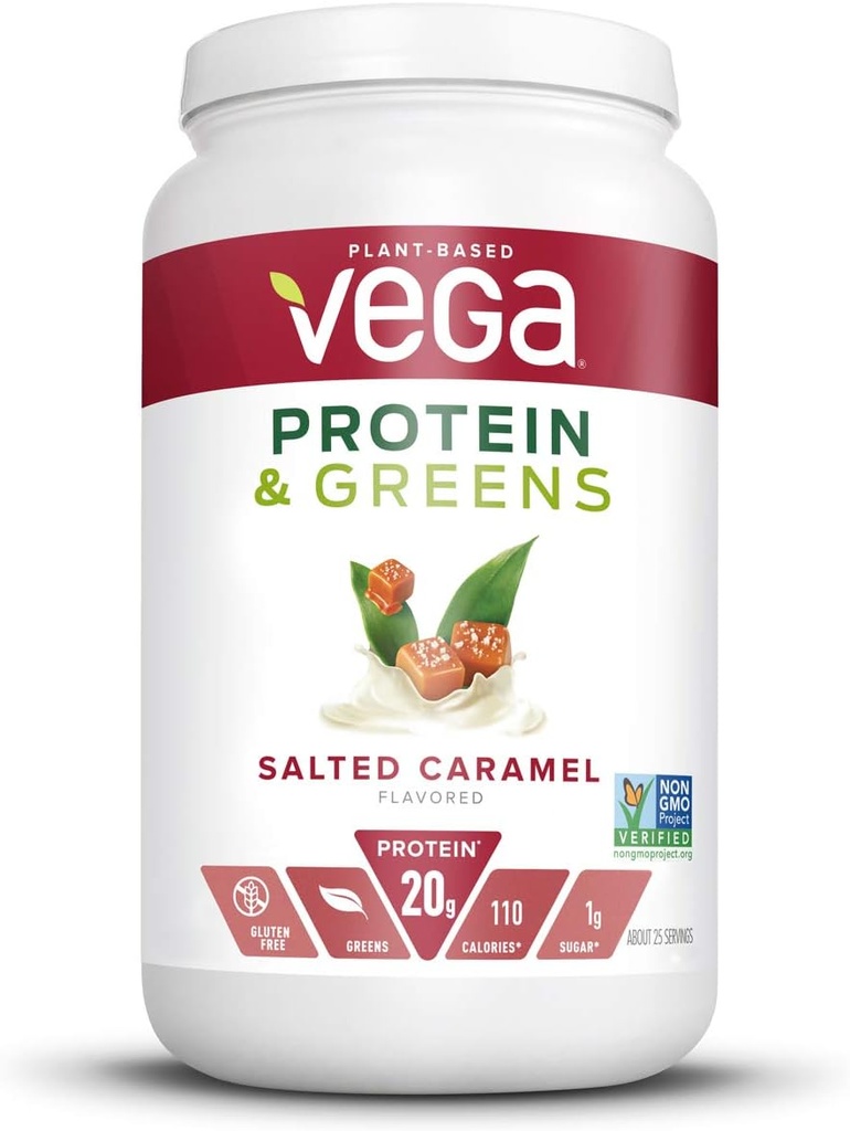 Vega Protein and Greens, Saltet Caramel, Vegan Protein Powder, 20g Plant Based Protein, Low Carb, Keto, Dairy Free, Gluten Free, Non GMO, Pea Protein for Women and Men, 1.7 Pounds (25 Servere)