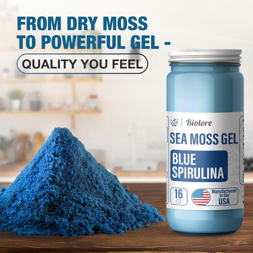 Biolore Sea Moss Gel - Blå Spirulina 16oz, Skaftet Irske Seamoss med Essential Vitamin & Trace Minerals, Vegan Superfood Made in USA