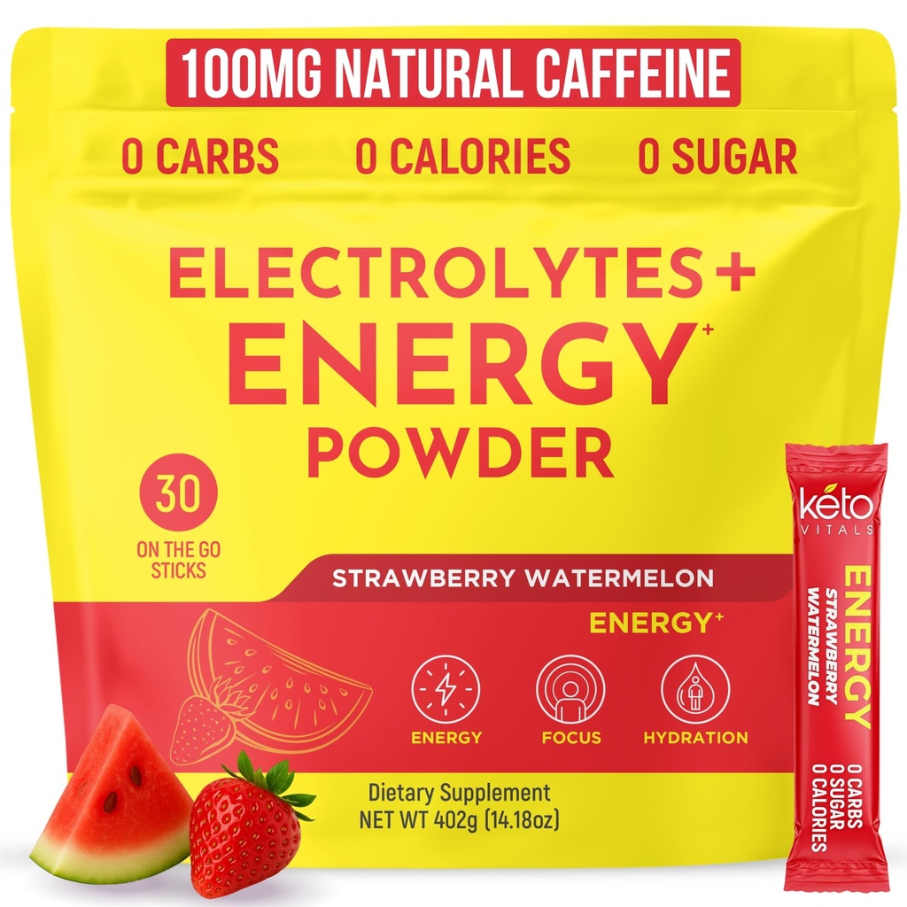 Keto Vitals Electrolyte Energy Drink Powder Packets - Electrolyte Supplement for Energy and Rehydration - Jordbær Watermelon Keto Powder Packets, 30 Count