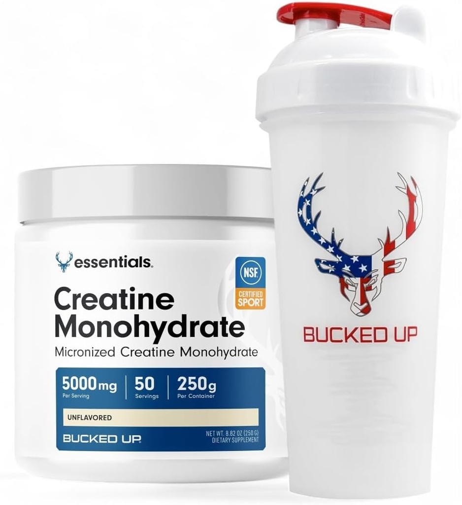 Bucked Up Creatin & Shaker Bundle - Mikroniseret Creatin Powder (250g, 50 Servere) + 28oz Leak- Proof BPA- Free Shaker Flaske til optimal blanding