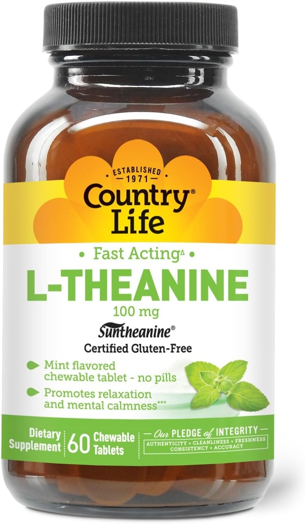 Country Life L- Theanine Fast- Action- Action- 100mg, 60 tyggetabletter, Mint- flavored, Certified Gluten Free, Certified Vegan