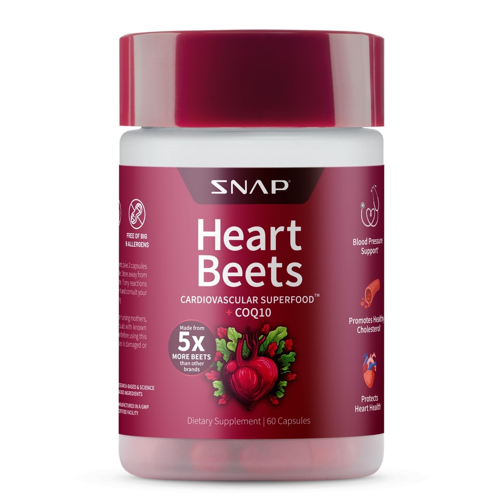 Snap Supplements Heart Beets Kapsler med CoQ10, Kardiovaskulær Support til mænd og kvinder, Superfood Made med 5X flere Beets, Heart Health, Cirkulation & Kolesterol Support, 60 Kapsler