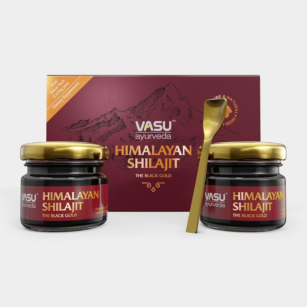 VASU Ayurveda Himalayan Shilajit Resin 400mg - Lab Testet Natural Energy Booster med Fulvic Acid & 85 + Trace Minerals - Pure Shilajit til mænd og kvinder - 100 dages levering til styrke & Stamina (2- Pack)