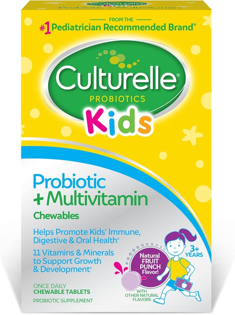 Culturelle Kids Probiotiske + Komplet Multivitamin Chewable For Kids, Age 3 +, 30 Greve, fordøjelsessygdomme, Oral Health & immunforsvar - med 11 vitaminer og mineraler, herunder C-vitamin, D3 & Zink