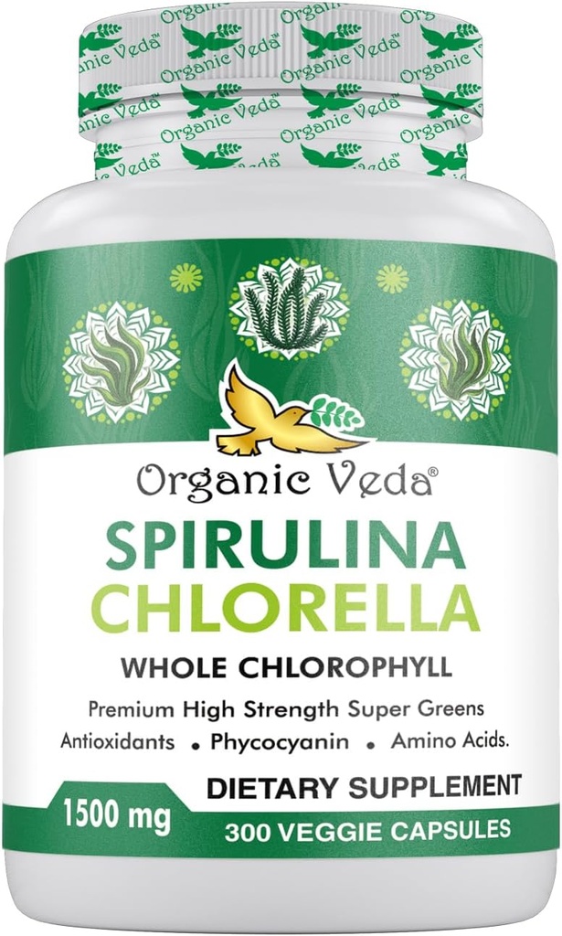 Organic Veda Spirulina & Chlorella kapsler, 1500mg, 300 Count - Spirulina Chlorella kapsler med Super Green Antioxidanter, Phycocyanin, Aminosyre - Boost Immunitet, Energi, Support Fordøjning