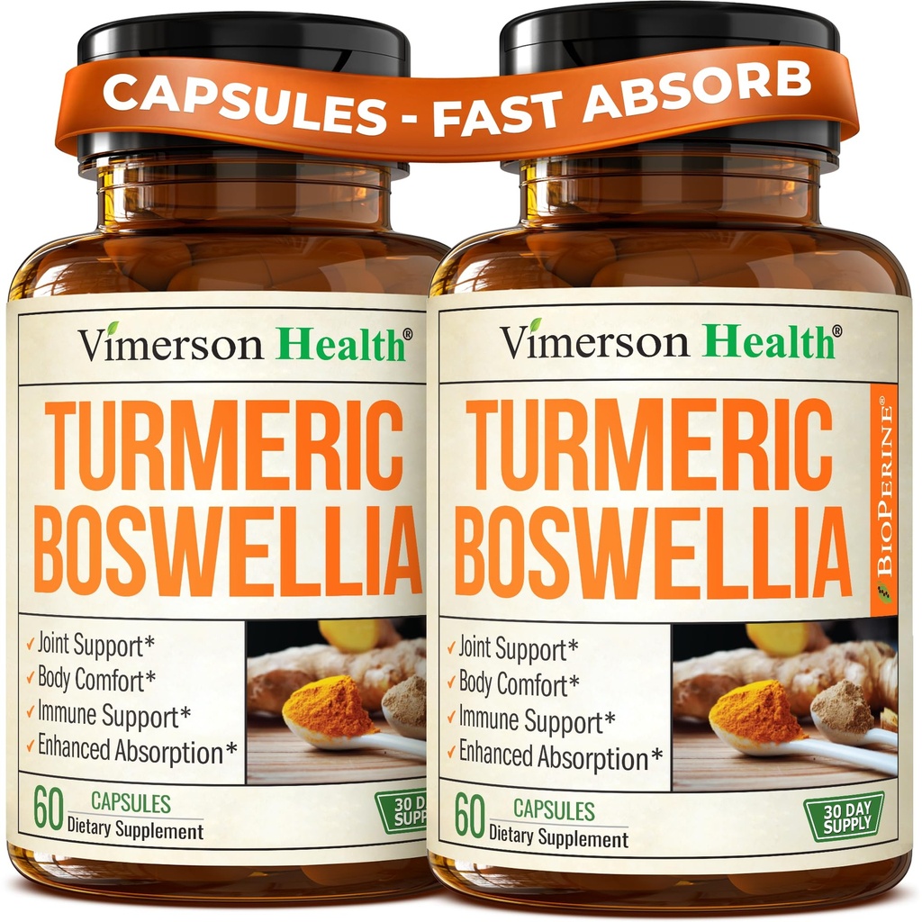 Boswellia Serrata Gurkemeje Supplement for fælles støtte & inflammation Balance - Gurkemeje Boswellia tillæg med Ginger & Black Pepper Extract for Enhanced Absorption - Non- GMO - 2pack