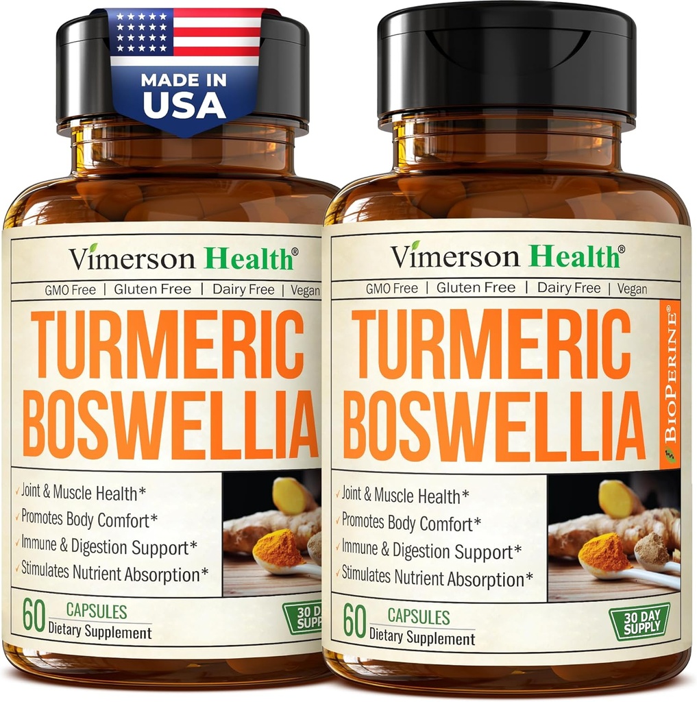Gurkemeje Supplement med Boswellia Serrata, Gingerrod, Økologisk Gurkemeje Pulver & Sort Peber - 95% Curcuminoids Gurkemeje Supplement med Boswellia Extract - Gluten Free Tumerisk Caps 2 -Pack