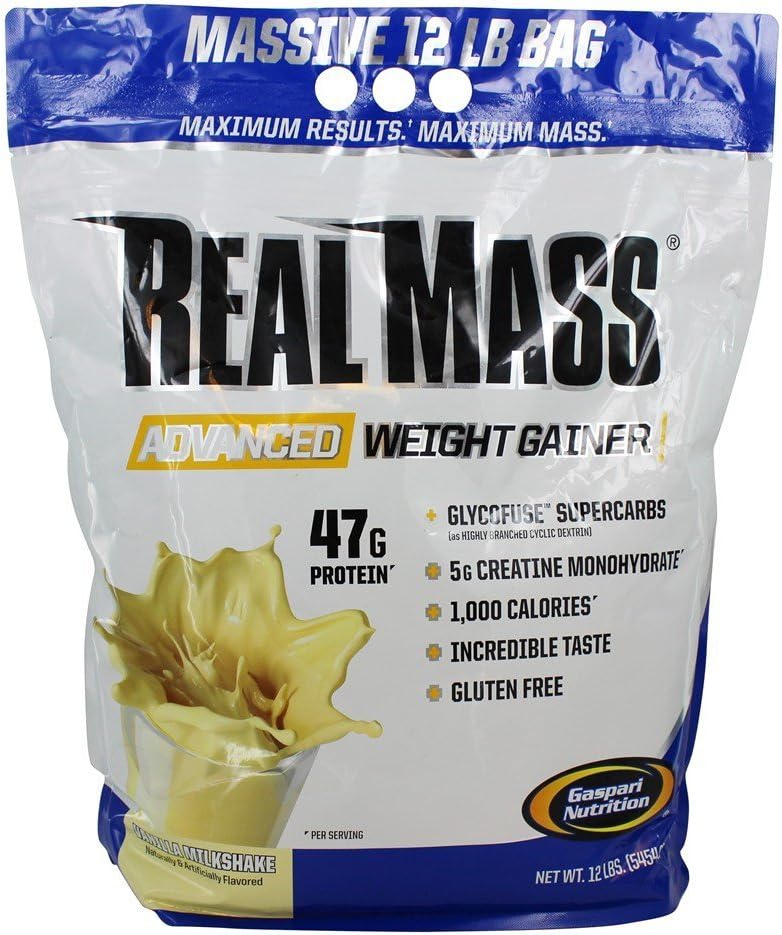 Gaspari Nutrition Real Mass: Advanced Weight Gainer, Protein og Complex Carb Blend, 50g Protein, 16g EAA, Gluten- Free, 12 lbs (Vanilla Milkshake)