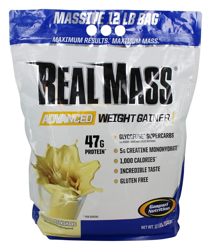 Gaspari Nutrition Real Mass: Advanced Weight Gainer, Protein og Complex Carb Blend, 50g Protein, 16g EAA, Gluten- Free, 12 lbs (Vanilla Milkshake)