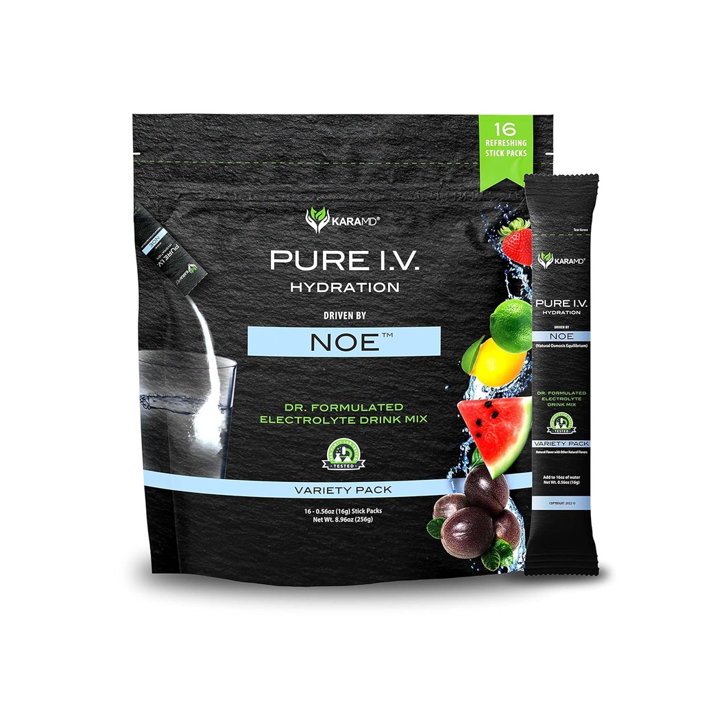 KaraMD Pure I.V. - Professionelt formeret Electrolyte 4 Flavor Variety Powder Drink Mix - Forfriskning og lækker hydrering pakker med vitaminer og mineraler - 4 Flavor Variety - 1 Bag (16 sticks)