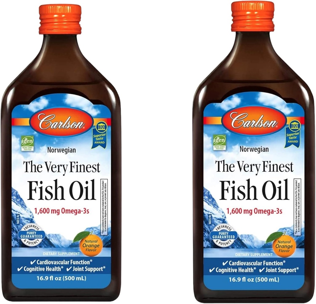 Carlson - The Very Finest Fish Oil, 1600 mg Omega- 3s, Liquid Fish Oil Supplement, Norwegian Fish Oil, Wild- Fanget, Sustainable Sourced Fish Oil Liquid, Orange, 16.91 Fl Oz (Pack of 2)