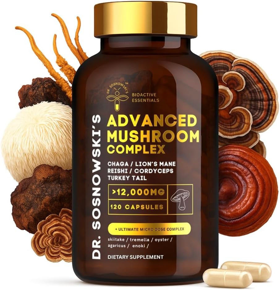 Dr. Sosnewski 's BioActive X10 Mushroom Complex 124; Potent Ekstrakter af Lions Mane, Cordyceps, Chaga, Tyrkiet Tail, Reishi, Shiitake, Tremelia, Oyster, Agaricus & Enoki; 120 Kapsler