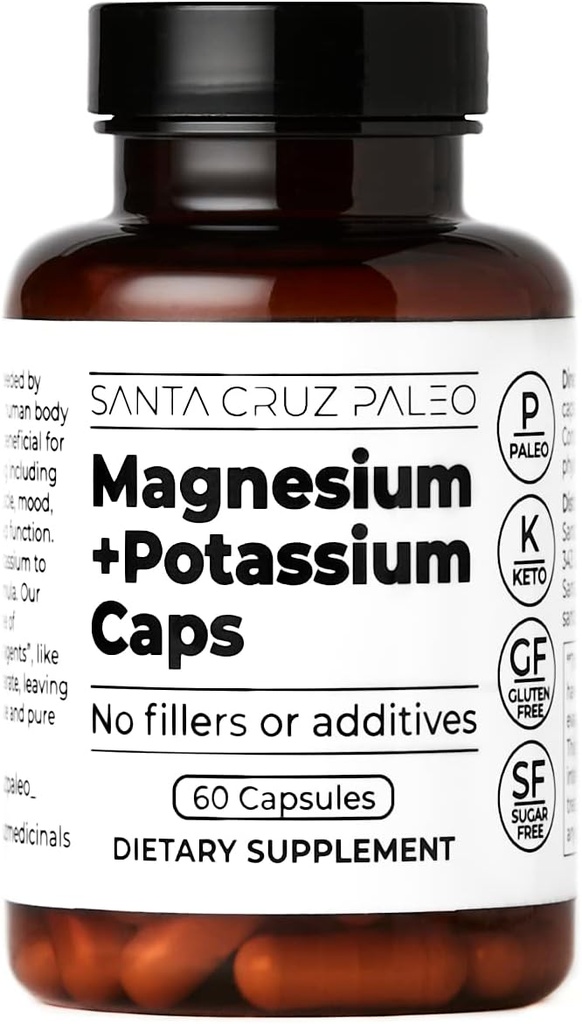 Santa Cruz Paleo Magnesium Kaliumkapsler, Magnesium Glycinat og Kalium Citrat, Gluten Free, Keto, Sukker Free, Paleo, for total sundhed, hjerne, muskel, ben og energistøtte, 60 kapsler