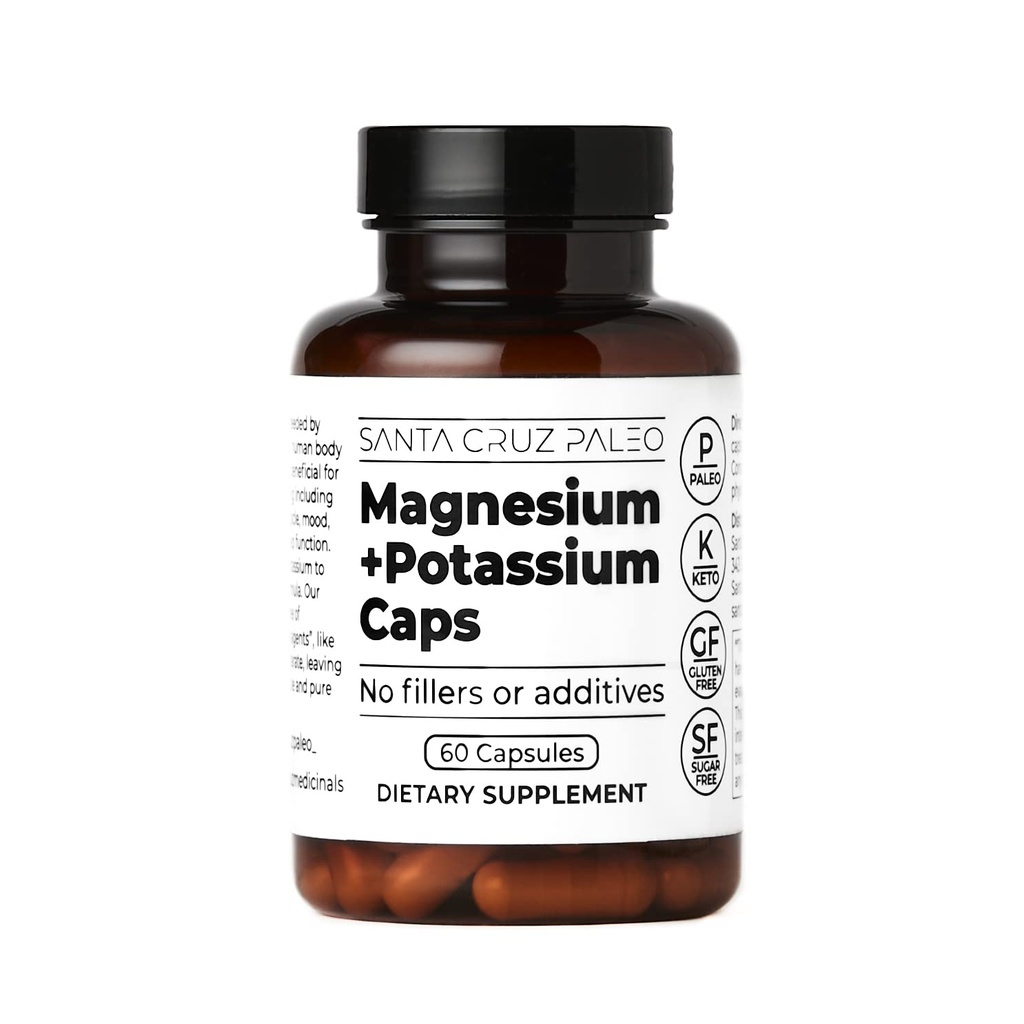 Santa Cruz Paleo Magnesium Kaliumkapsler, Magnesium Glycinat og Kalium Citrat, Gluten Free, Keto, Sukker Free, Paleo, for total sundhed, hjerne, muskel, ben og energistøtte, 60 kapsler