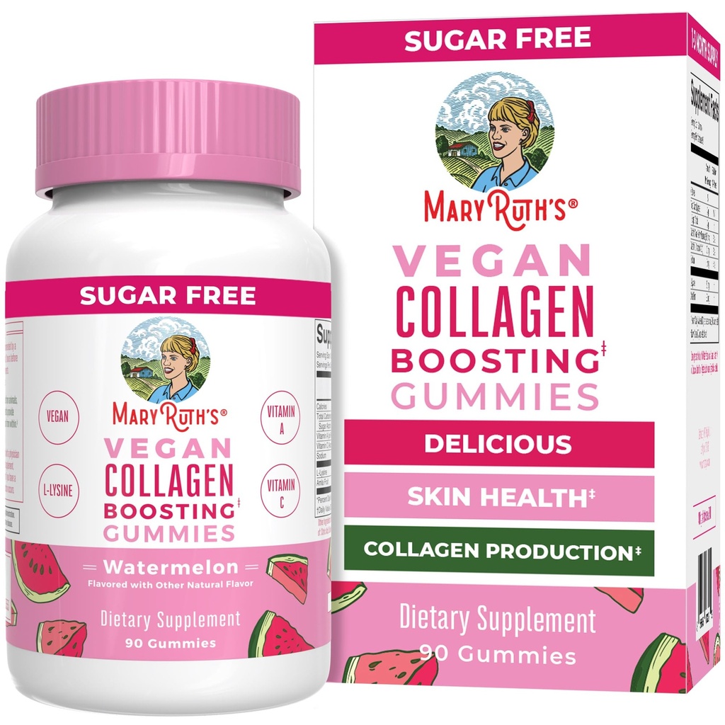 MaryRuth Organics Vegan Collagen for kvinder & mænd, Collagen Boosting Gummies, hudpleje, Lysin, C-vitamin, A-vitamin, Amla, supplement til hår & hud, Vegan, non-GMO, gluten fri, 90 Servere