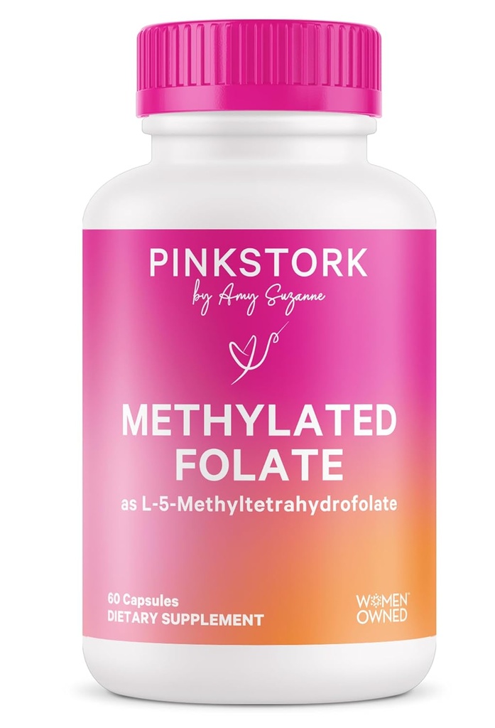 Pink Stork Folate: Methylfolat - MTHFR syre, naturlig form af folinsyre til graviditet, Formuleret til mor + baby, Women- Ejes, 60 kapsler (Packaging May Vary)