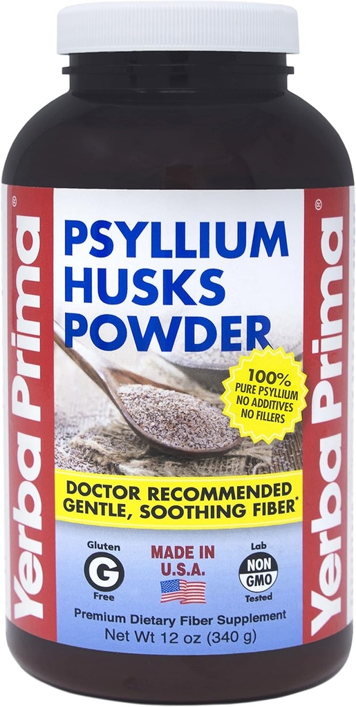 Yerba Prima Psyllium Husks Powder 12 oz - Natural Fiber Supplement - Colon Cleanser - Gut Health - Vegan, Non- GMO, Gluten- Free (Nyt etiket - Packaging May Vary)