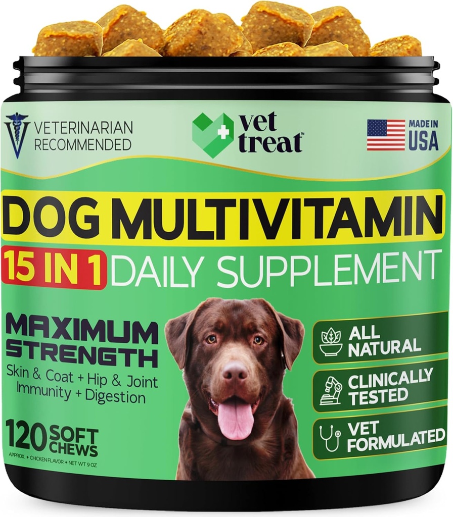 Dog Multivitamin Chewable with Glucosamine & Salmon Oil – Made USA – Puppy & Senior Supplement – 120 Chews– Daily Wellness Support for Joints, Immune System, Skin & Coat, Heart & Digestion