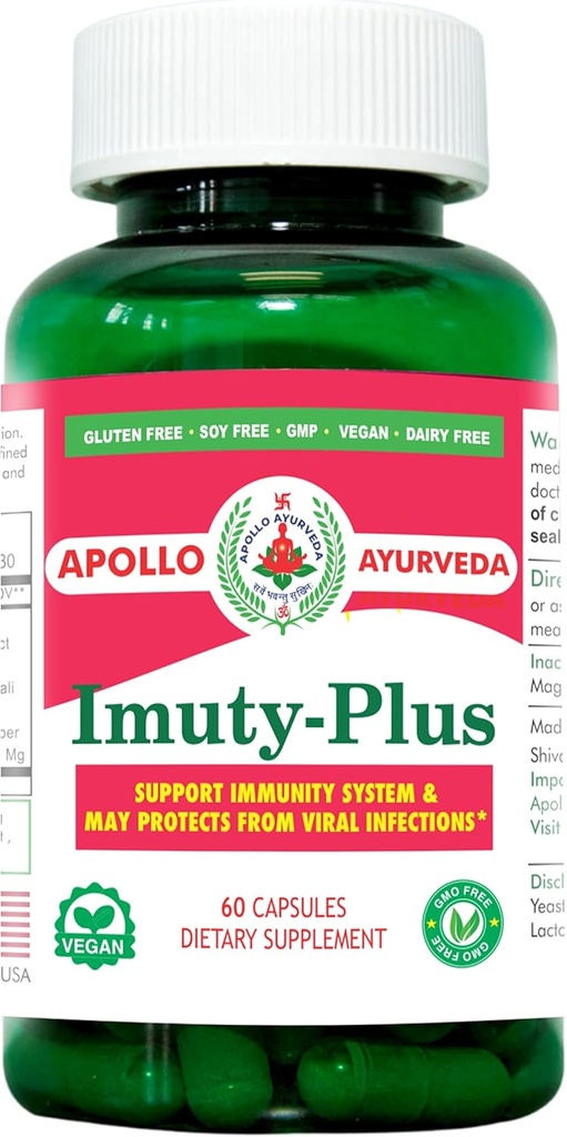 Imuty Plus Support Immunsystem Dietary Herbal Supplement Ækvivalent 5000 mg Giloy Ashwagandha Mulethi Ayurvedic Vegan 60 Capsule