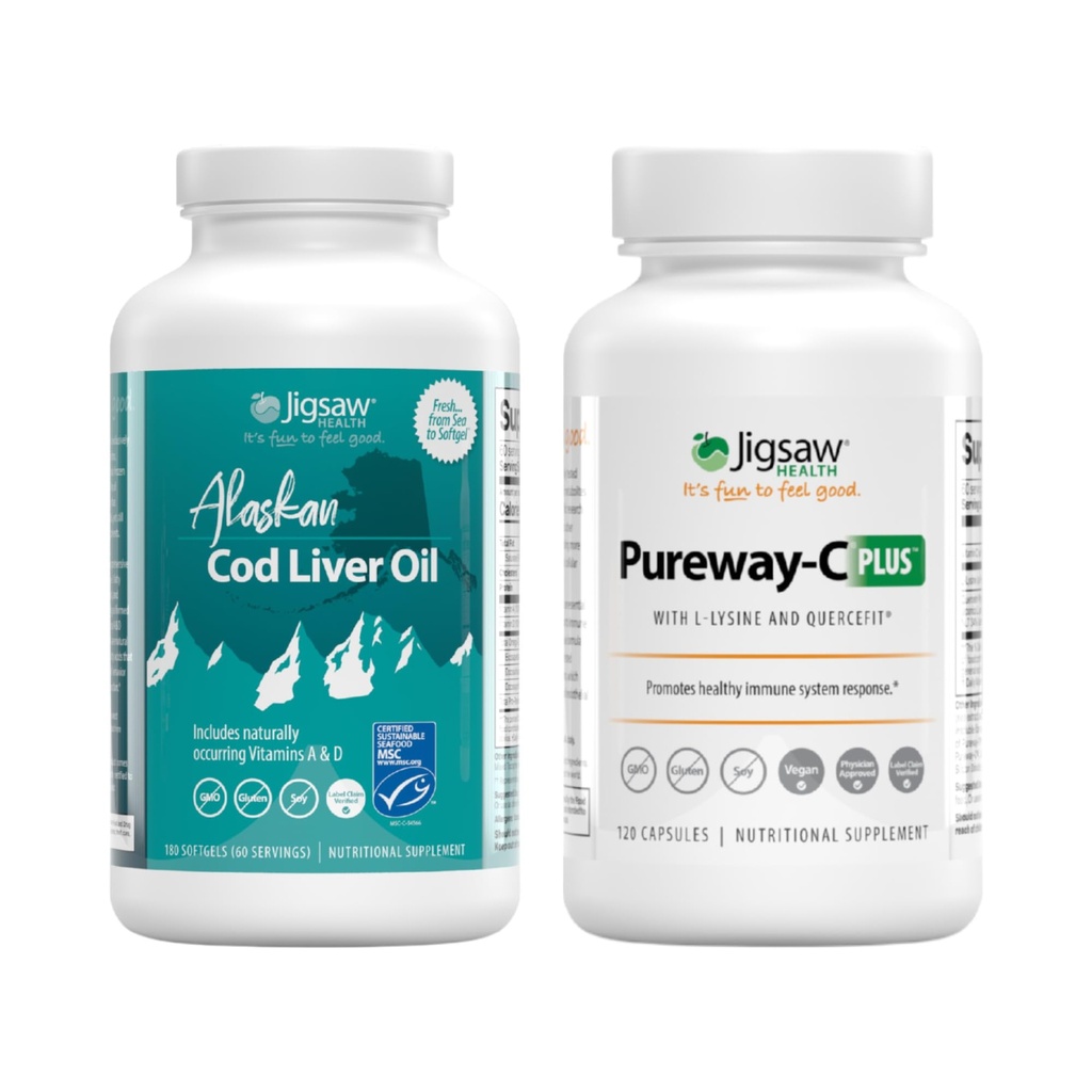 Jigsaw Health Bundle; Alaska Cod Lever Oil, 180 Softels, og Pureway- C Plus, 120 Kapsler
