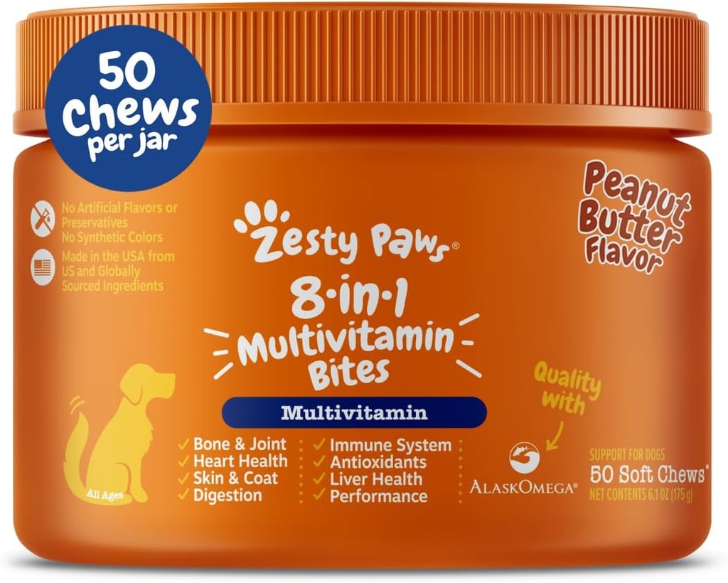 Zess Paws hund multivitamin, Chewable hund vitaminer og kosttilskud til Hip & Joints, Hud & Coat, Omega 3 Fish Oil til hunde - Senior & Puppy Multivitamin- Peanut Butter- 50ct