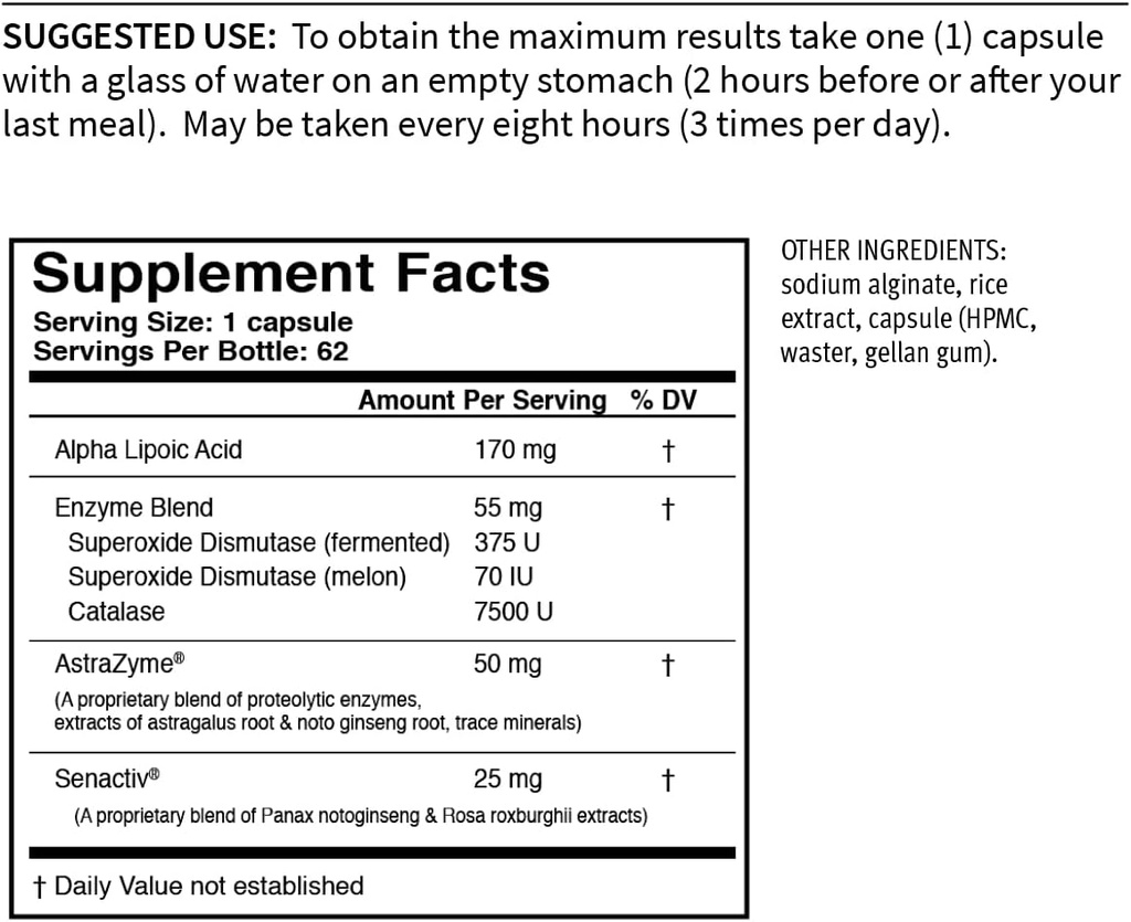 USAEnzymes YOUTHXYM 62 Forsinket Release Vegetariske Kapsler, Antioxidant Enzyme Supplement. 170mg af Alpha Lipoic Acid (ALA) + 50mg af AstraZyme til at øge proteinfordøjelsen.