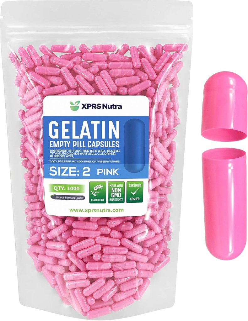 XPRS Nutra Størrelse 2 Tomme kapsler - 1000 Tomme Gelatine kapsler - Piller selv Kapselfyld - Pure Bovin Pill Gel Caps til Do- It- Yourself Kosttilskud (Pink)