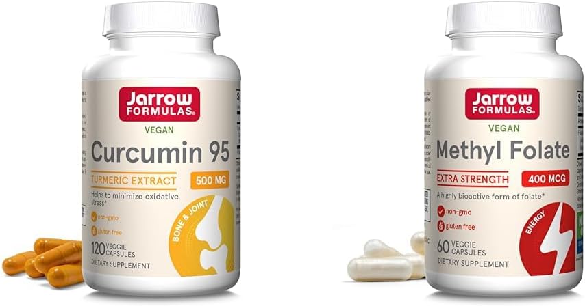 Jarrow Formulas Curcumin 95 500mg and Methyl Folate 400mcg Antioxidant and Cardiovascular Health Support Dietary Supplement Bundle, 120 and 60 Veggie Capsules