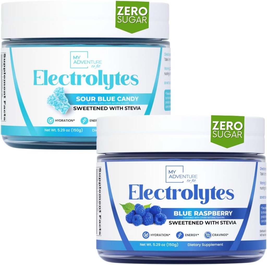 Min Adventure til Fit Forfriskende Hydration Elektrolyter Pulver med Zero Sugar, Bundle, Blå Hindbær & Sour Blå Arme