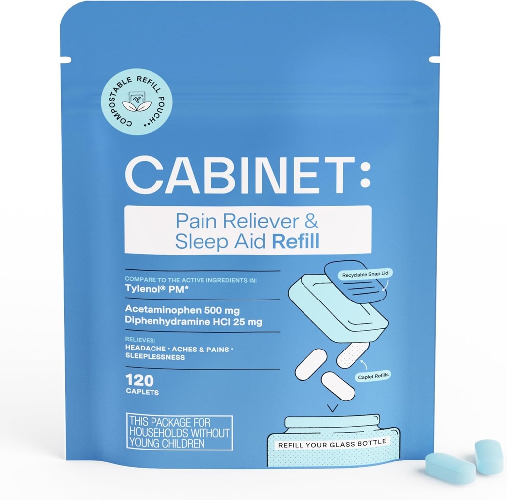 Cabinet: Nighttime Pain Reliever and Sleep Aid for Headaches, Aches, and Pains | Acetaminophen 500mg, Diphenhydramine 25mg,120 Caplets (Refill)