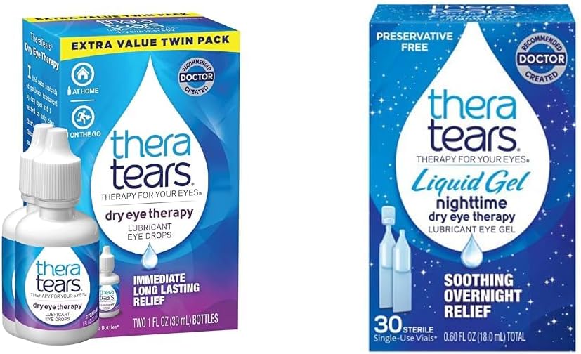 TheraTears Tør øje terapi Smøremiddel øjendråber til tørre øjne, 1 fl oz flaske Twin Pack, (2 x 30ml flasker) & Flydende Gel Nighttime Smøremiddel øjendråber til tørre øjne, Single-use Hætteglas, 30 Greve