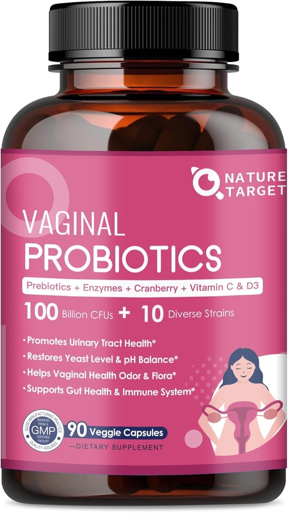 NATUR TARGET Vaginal Dame Probiotika, 100 Millioner CFU 'er Probiotika & Prebiotika med fordøjelsesenzymer, Cranberry & D- Mannose - Understøtter pH balance, Odor & Urinstof sundhed - 90 kapsler