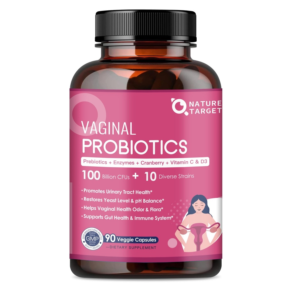 NATUR TARGET Vaginal Dame Probiotika, 100 Millioner CFU 'er Probiotika & Prebiotika med fordøjelsesenzymer, Cranberry & D- Mannose - Understøtter pH balance, Odor & Urinstof sundhed - 90 kapsler