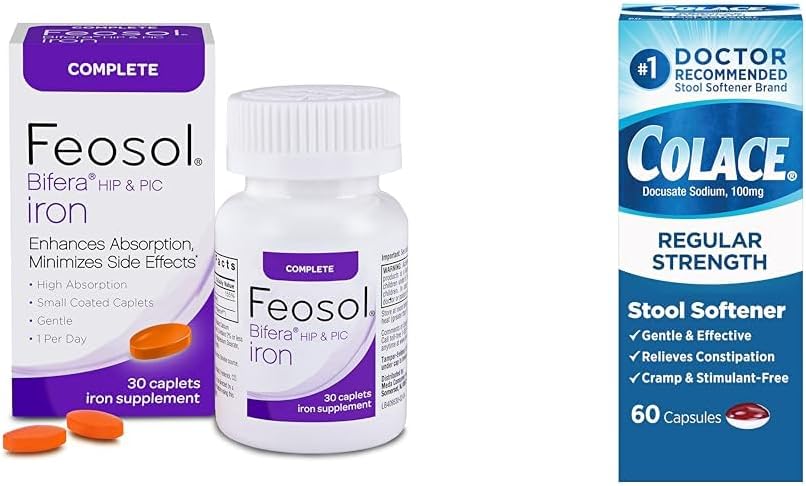 Feosol komplet jern supplement 30 Grev og Colace Afføring blødgøringsmiddel 60 Grev Bundle