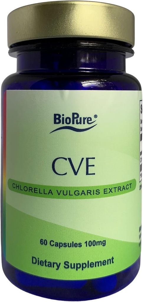 BioPure CVE Chlorella Vulgaris Extract - Nutrient- Dense, Nutractacial Superfood pakket med proteiner, vitaminer, mineraler & aminosyrer, der støtter stofskifte, Detox & Immunity - 60 kapsler