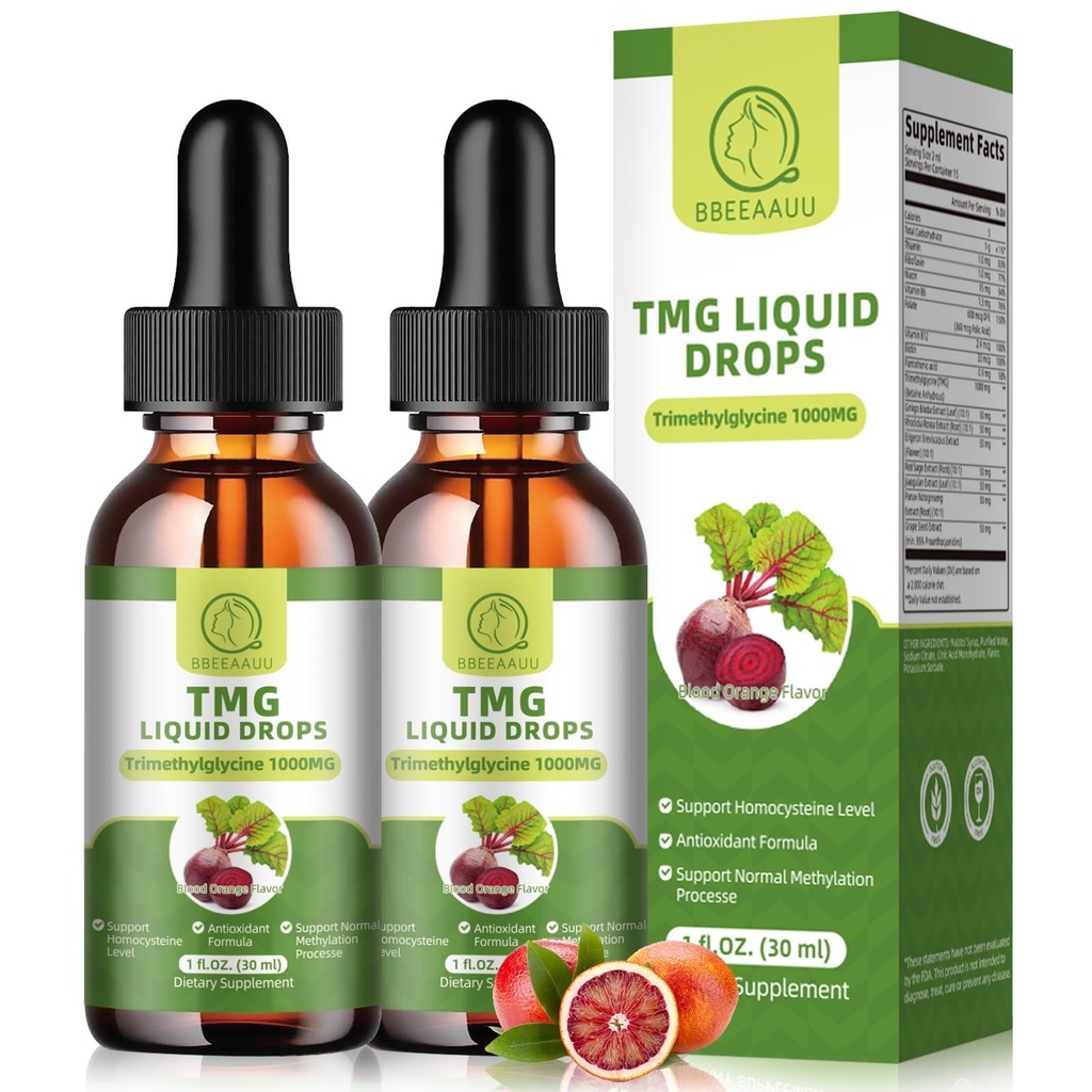 TMG Kosttilskud 1000MG - Trimethylglycin Liquid Drops, Betaine High Absorption, Understøtter Methylering, Lever Wellness & Cognitive, Non- GMO, Vegan, Blood Orange Flavor, 1 Fl.Oz (2 Pack)