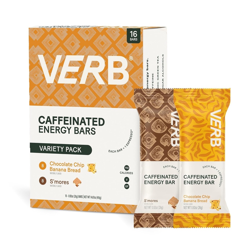 Verb Caffeined Energy Bars Variety Pack - 2 lækre flavors (26g, Pack af 16) 110- Calorie Lækker Lavsukker Energy Bar, Vegan & Gluten Free On- the Go Snack med 80mg grøn te koffein