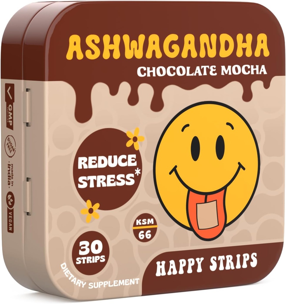 Happy Strips Organic Ashwagandha KSM 66 & GABA for stress Relief, Calmness, Sleep - Fast- Fungerende & Rapid- Opløsning, Chokolade Mocha Flavored, Økologisk, Vegansk, Sukkerfri - 30 Greve