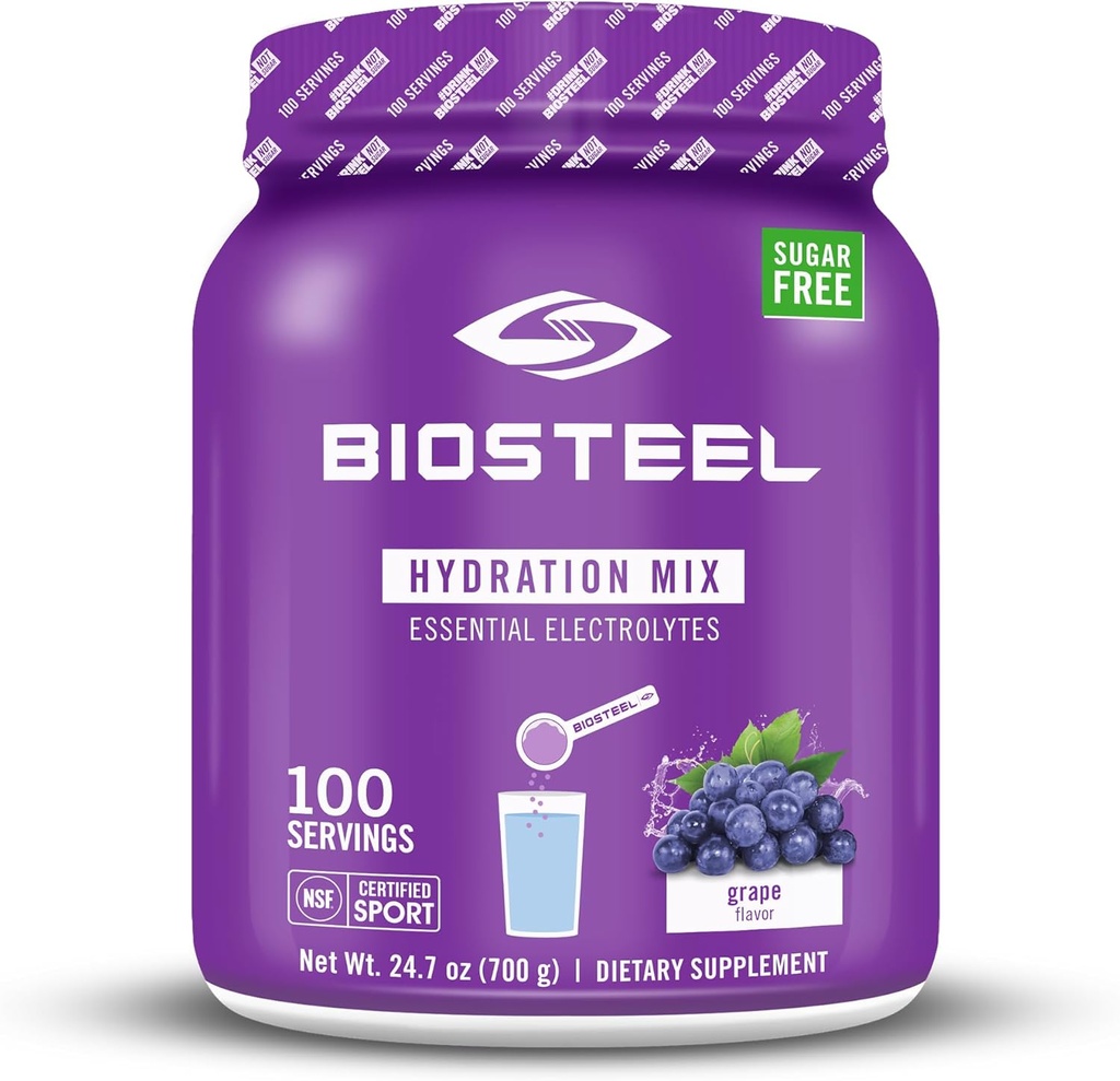 BioSteel Zero Sugar Hydration Mix, Great Tasting Hydration med 5 essentielle elektrolytter, Grape Flavor, 100 Servering pr Tub