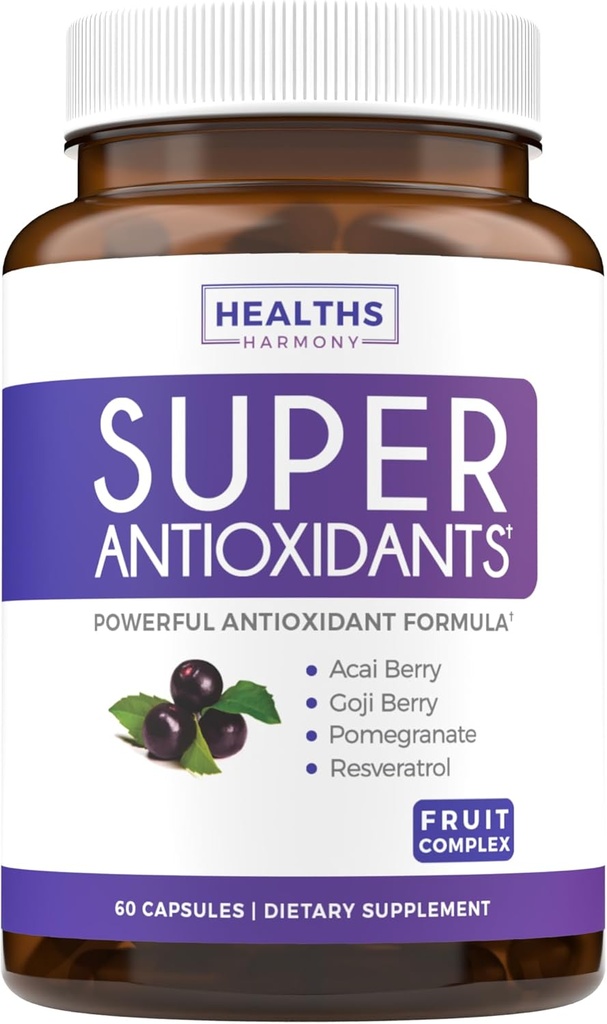 Super antioxidanter supplement til kvinder & mænd - høj potens Herbal & Fruit Blend med Acai, Goji, Pomegranat, Elderberry & Resveratrol til hudpleje & immunforsvar - Vegan & Non- GMO - 60 kapsler