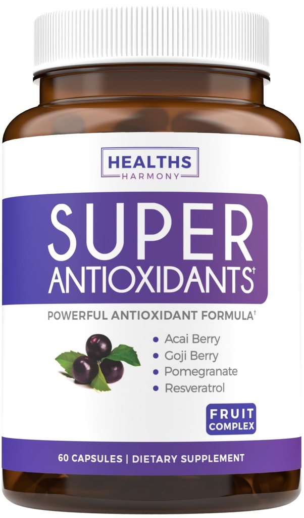 Super antioxidanter supplement til kvinder & mænd - høj potens Herbal & Fruit Blend med Acai, Goji, Pomegranat, Elderberry & Resveratrol til hudpleje & immunforsvar - Vegan & Non- GMO - 60 kapsler