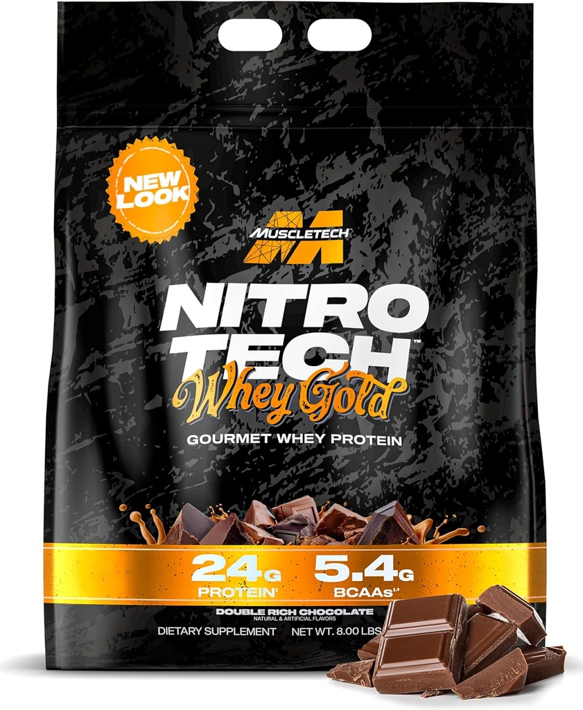 Muscletech Whey Protein Powder (Double Rich Chocolate, 8LB) - Nitro- Tech Whey Protein Isolate Smoothie Mix for Lean Muscle & Recovery - 24g af Whey Gold Protein for kvinder & mænd - Packaging May Vary