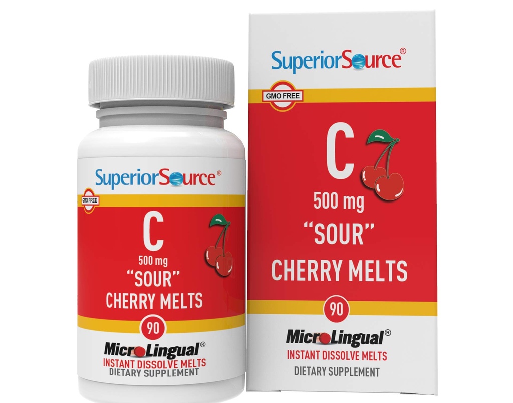 Superior Source C 500 mg "Sour" Cherry Melts - Daily Vitamin Supplement understøtter immunforsvar - C-vitamin Formel Aids Cell Health - 90 Sublingual Opløsning Tablets
