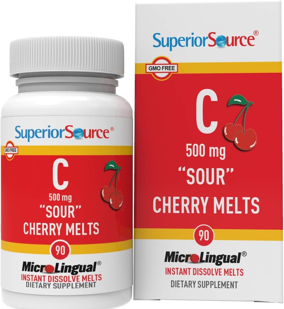 Superior Source Vitamin C 500 mg "Sour" Cherry Melts - Daily Vitamin Supplement Supports Immune Health - Vitamin C Formula Aids Cell Health - 90 Sublingual Dissolving Tablets