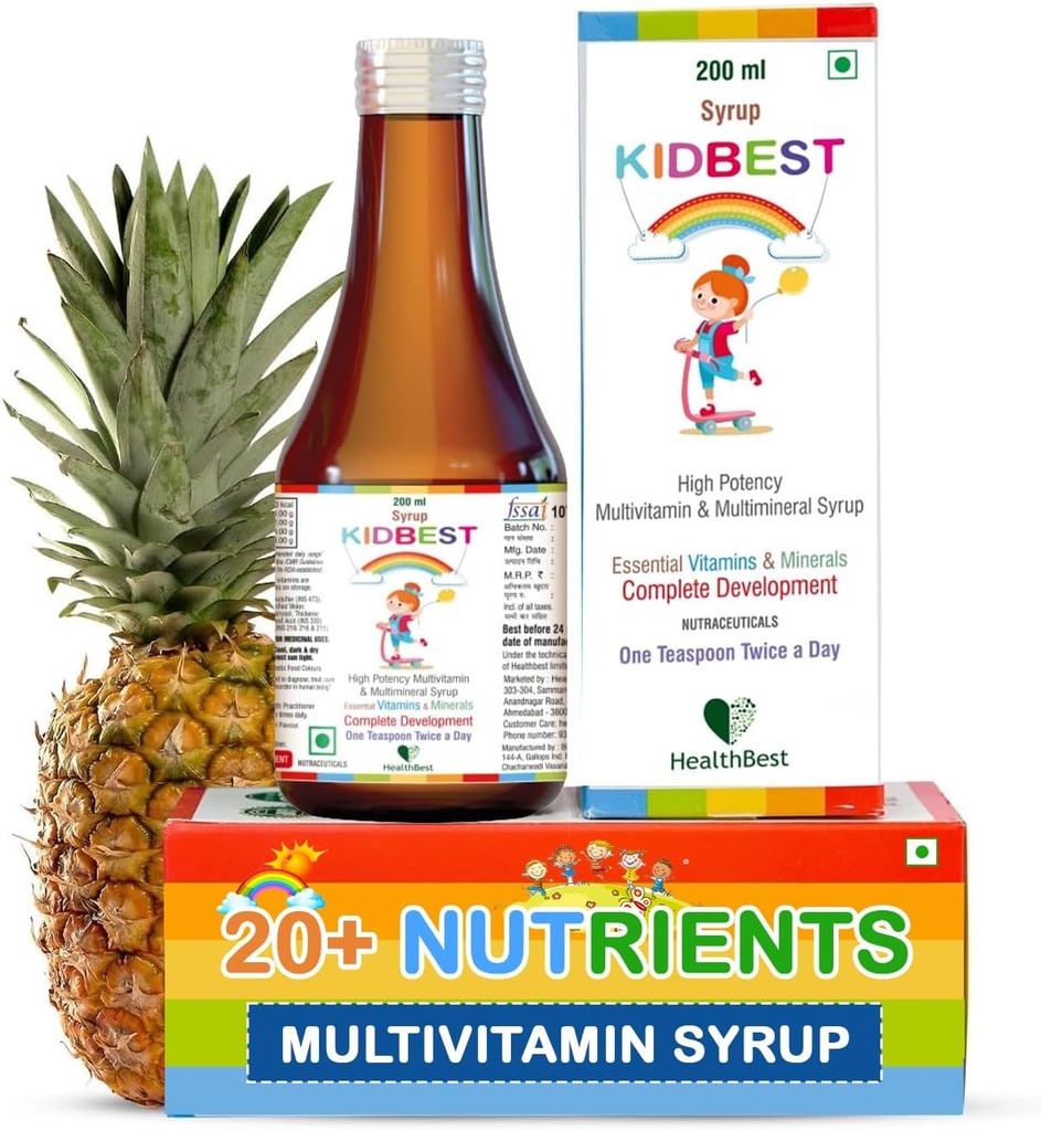 Kidbest Multivitamin Syrup til børn 3-13 År - Flydende Formel med 20 næringsstoffer til Appetite, Immunitet, og vækst - Tasty Daily Vitaminer til stærkere børn