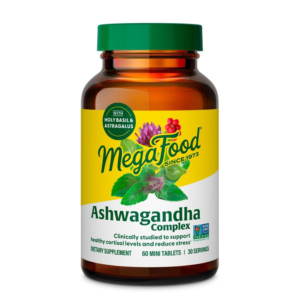 MegaFood Ashwagandha Complex (Tidligere Stress Protect) - Ashwagandha Kosttilskud Astragalus Root & Holy Basil - Vegetar, Gluten Free, Cortisol Supplement - 60 Mini Tablets, 30 Servere