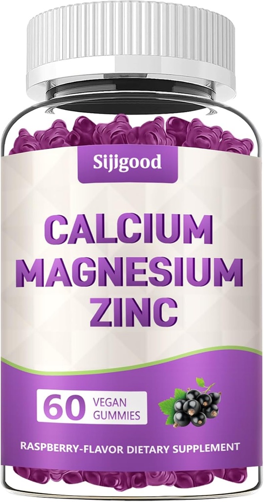 Calcium Magnesium Zink Gummier med vitamin C D3 K2, Calcium Gummier til ben, Muskel, Calm & Zzz Support, Høj Absorption Formel med Magnesium Zink Folate Kalium, Elderberry Flavored 60 Tæller